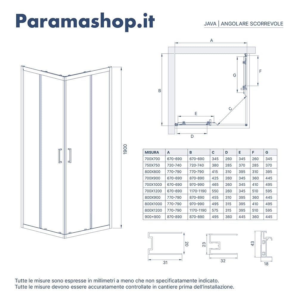 Box doccia angolare 90x90 cm due ante scorrevoli in cristallo opaco h190 cm | Java