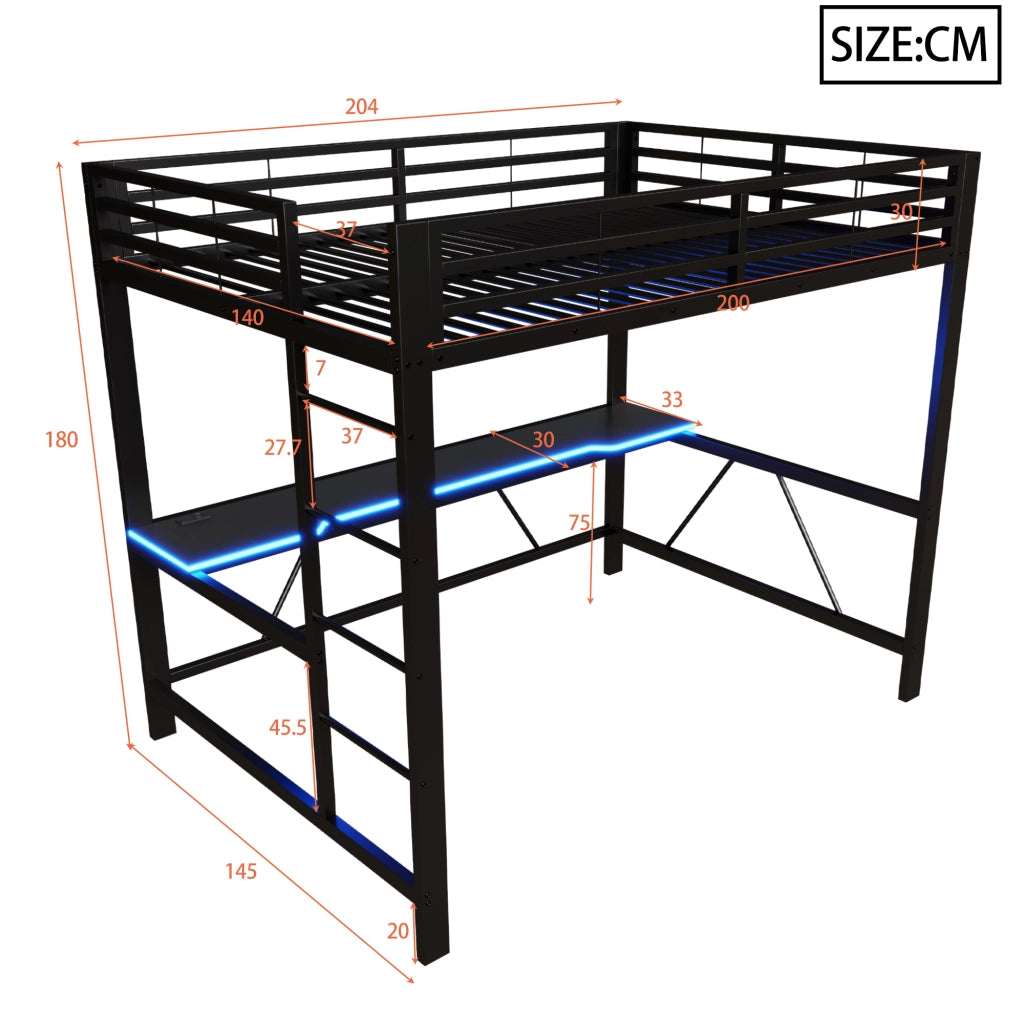 Letto a soppalco 140 × 200 cm con scrivania, LED e protezione rialzata, senza materasso, nero