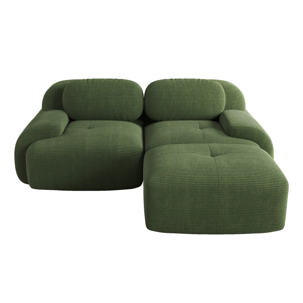 Divano angolare modulare senza telaio; schiuma 32D; braccioli curvi; tessuto corduroy verde