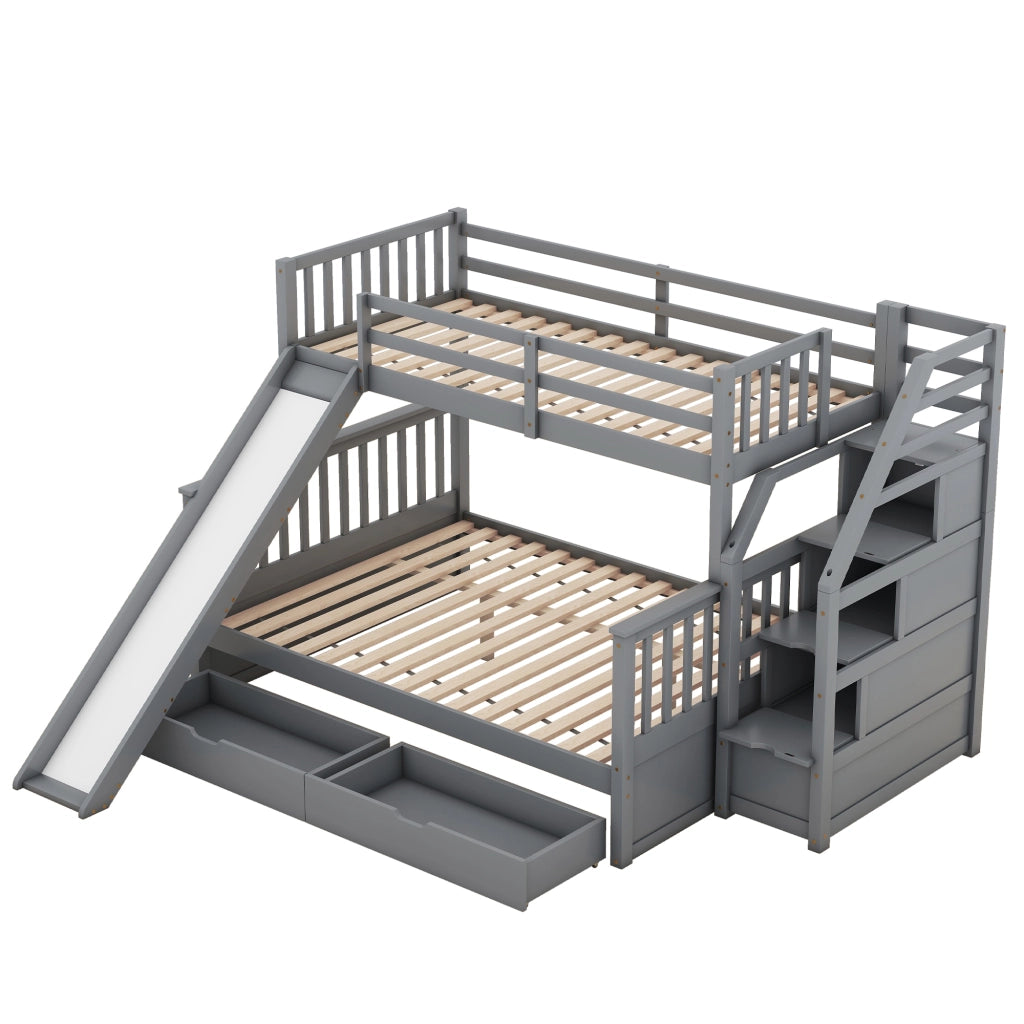 OKWISH Letto a Castello 90×200 cm e 140×200 cm, Letto 3 Posti con Contenitore, Cassetti e Scivolo, senza Materasso, Grigio