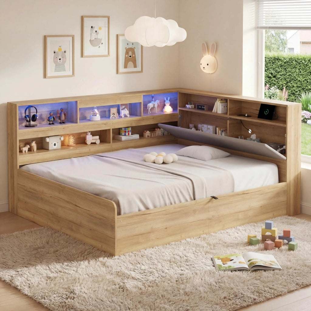 Letto per bambini 90 × 200 cm et 140 × 200 cm contenitore idraulico, LED, USB et USB-C, senza materasso, in MDF, naturale