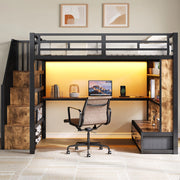 Letto a soppalco 140x200 con scrivania; scaffali e due cassetti; nero in metallo e MDF