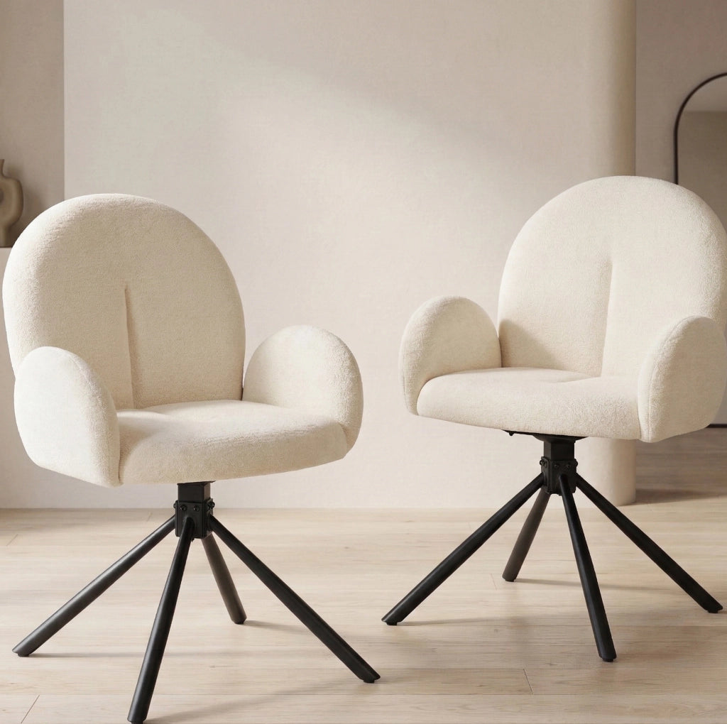 Set di 2 sedie girevoli con braccioli in chenille e gambe in metallo; bianco crema
