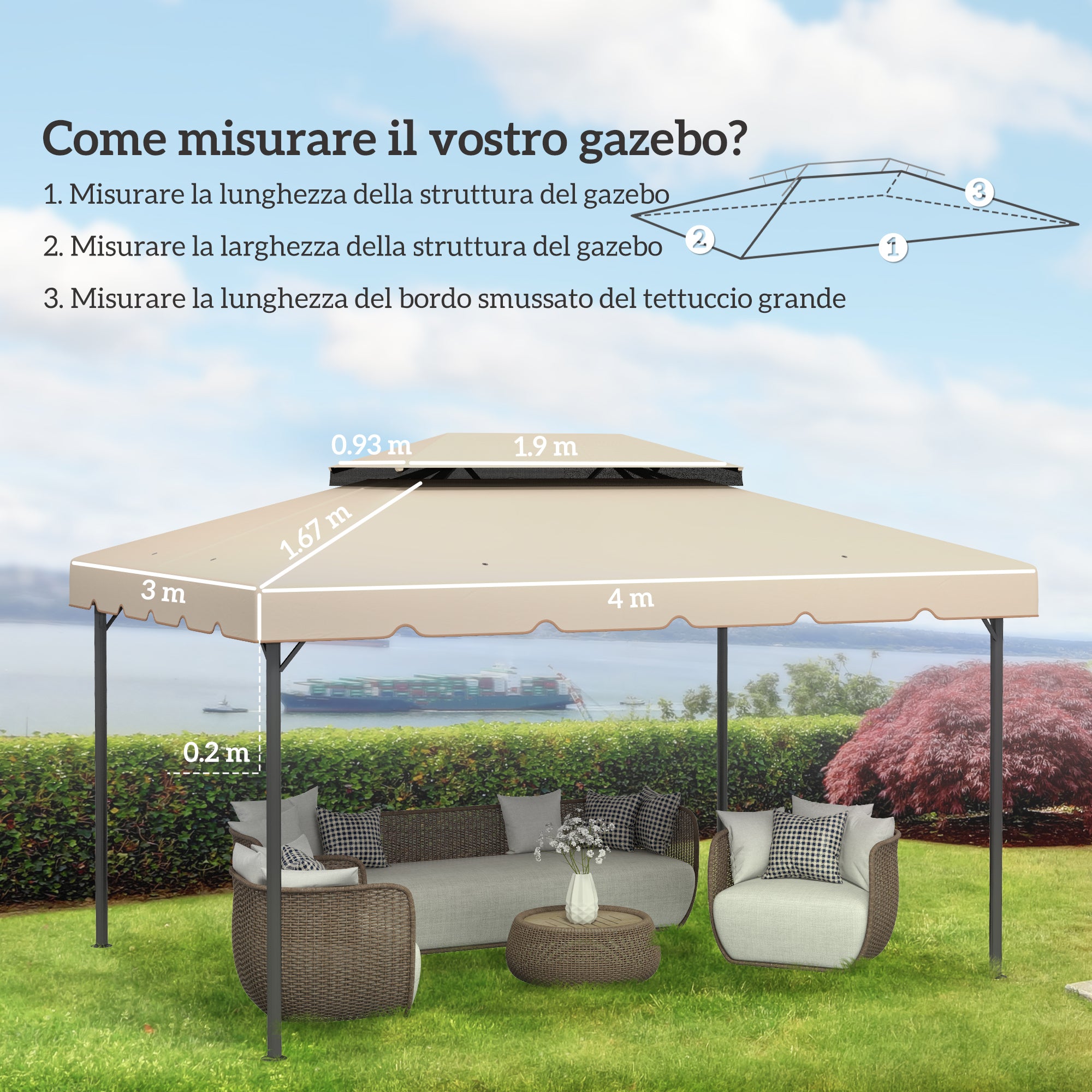 Tetto per Gazebo 3x4 m a 2 Livelli con 8 Fori di Drenaggio in Poliestere Bianco Crema