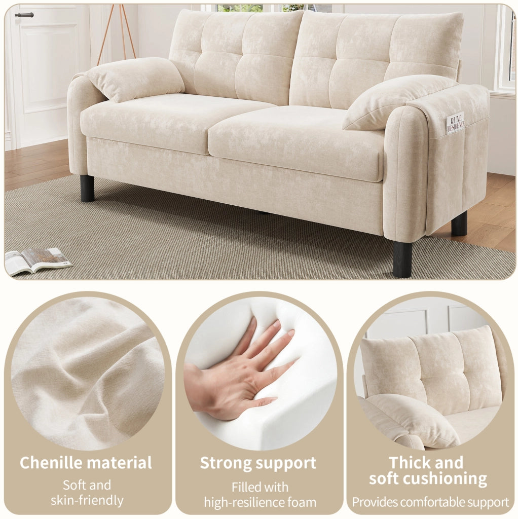 Sofa 2 posti moderno in tessuto chenille beige con cuscini spessi e tasche laterali, design scandinavo