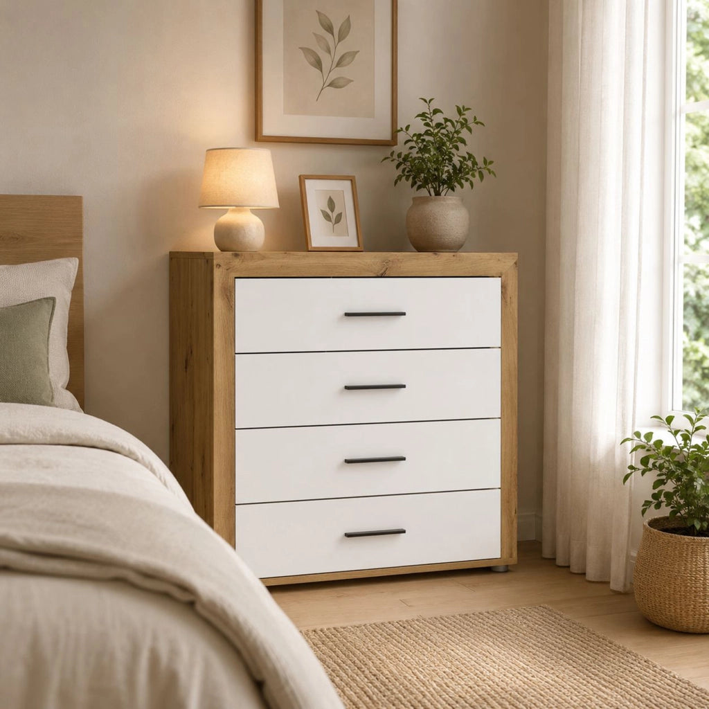 Lematare, Cassettiera 4 Cassetti, 95x42x88h cm Marrone Rovere