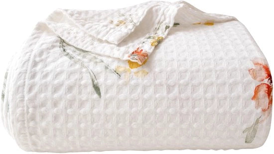 Deken 100% cotone 150x200 cm, morbido, spaziante coperta, tessuto a raffa, disegno floreale, leggera coperta come coperta per divano, coperta per divano, accogliente coperta per salotto, divano, divano, stampo fiore bianco.