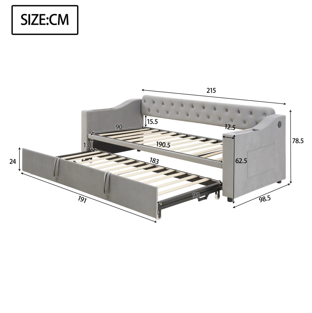 Divano letto estraibile 90/180 x 190 cm in velluto grigio con USB e vani portaoggetti