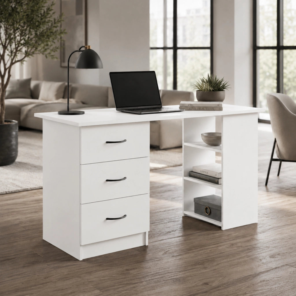 Scrivania Moderna Con 3 Cassetti E 3 Vani A Giorno Struttura In MDF Resistente Design Minimal Ideale Per Ufficio Studio Cameretta E Smart Working 120 X 49 X 72 Cm Bianco