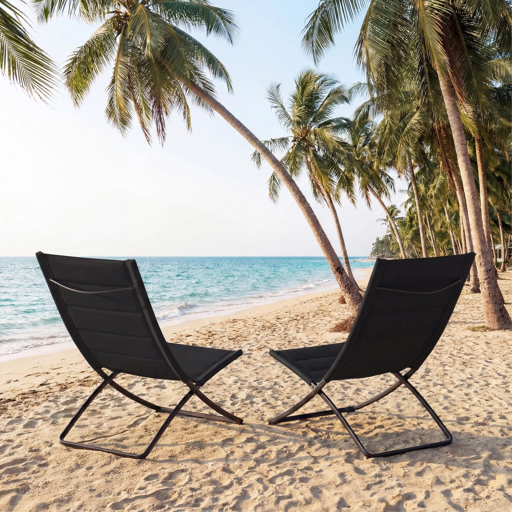 Set 2 sedie spiaggia pieghevoli campeggio portatili leggere, Sedie schienali sedute imbottite adulti giardino campeggio pesca 90¡Á57¡Á87 cm Nero