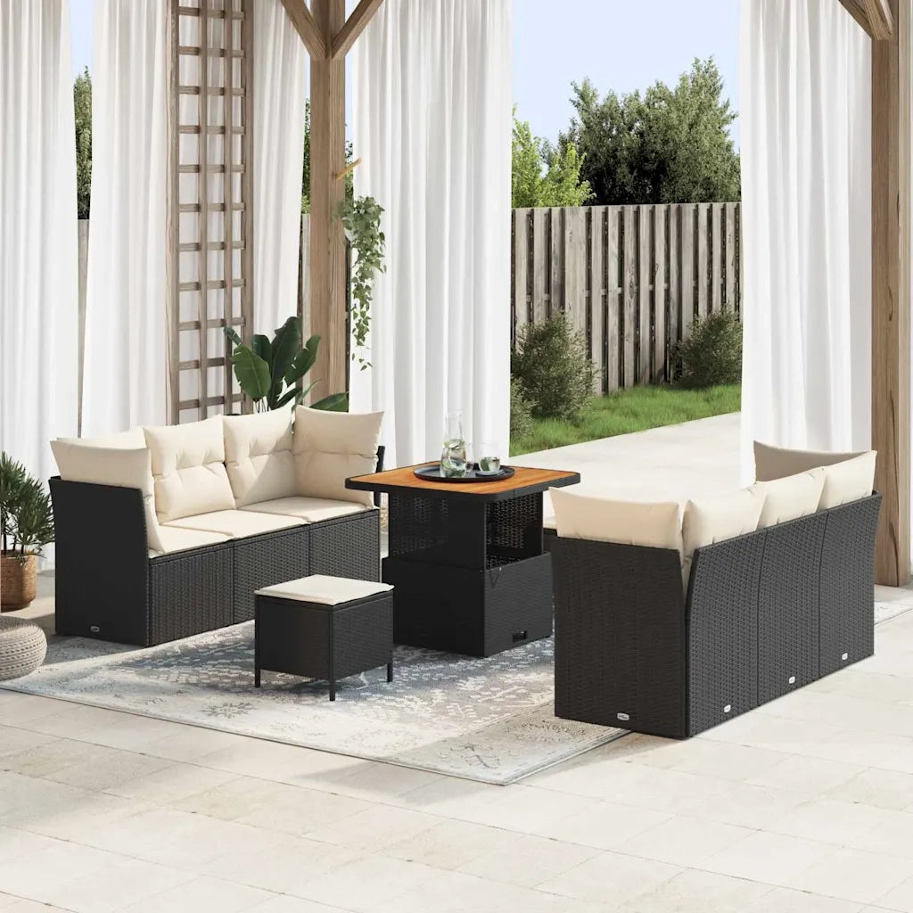 Set Divano da Giardino con cuscino 9 pcs Nero polyrattan