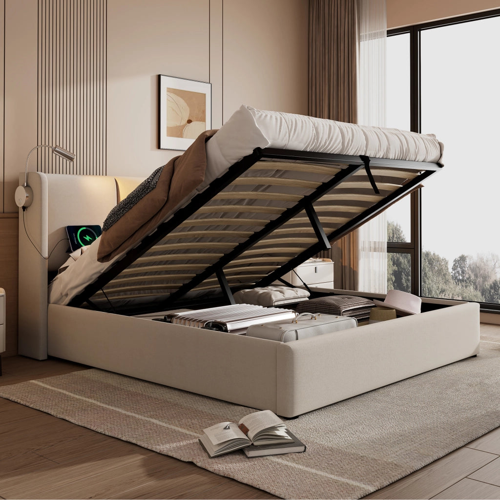 OKWISH Letto contenitore 160×200 cm, Letto Matrimoniale con Lampada da Lettura, USB e Tipo C, senza Materasso, in Lino, Beige