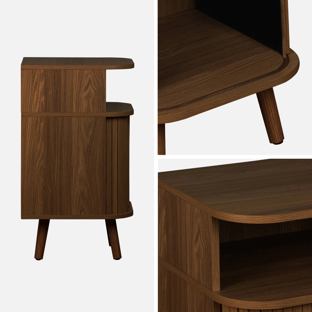 Comodino scandinavo decorazione legno 2 porte scorrevoli, marrone