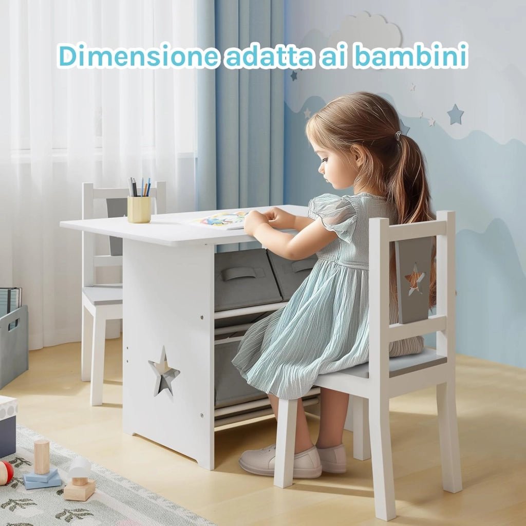 Tavolo per Bambini Scrivania con Cassetti Tavolino con 2 Sedie in Legno