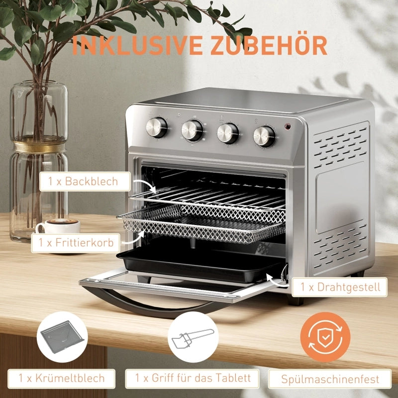 Mini forno con convezione, friggitrice ad aria, 6 modalit¨¤ di riscaldamento, timer, accessori, 24 litri, argento.