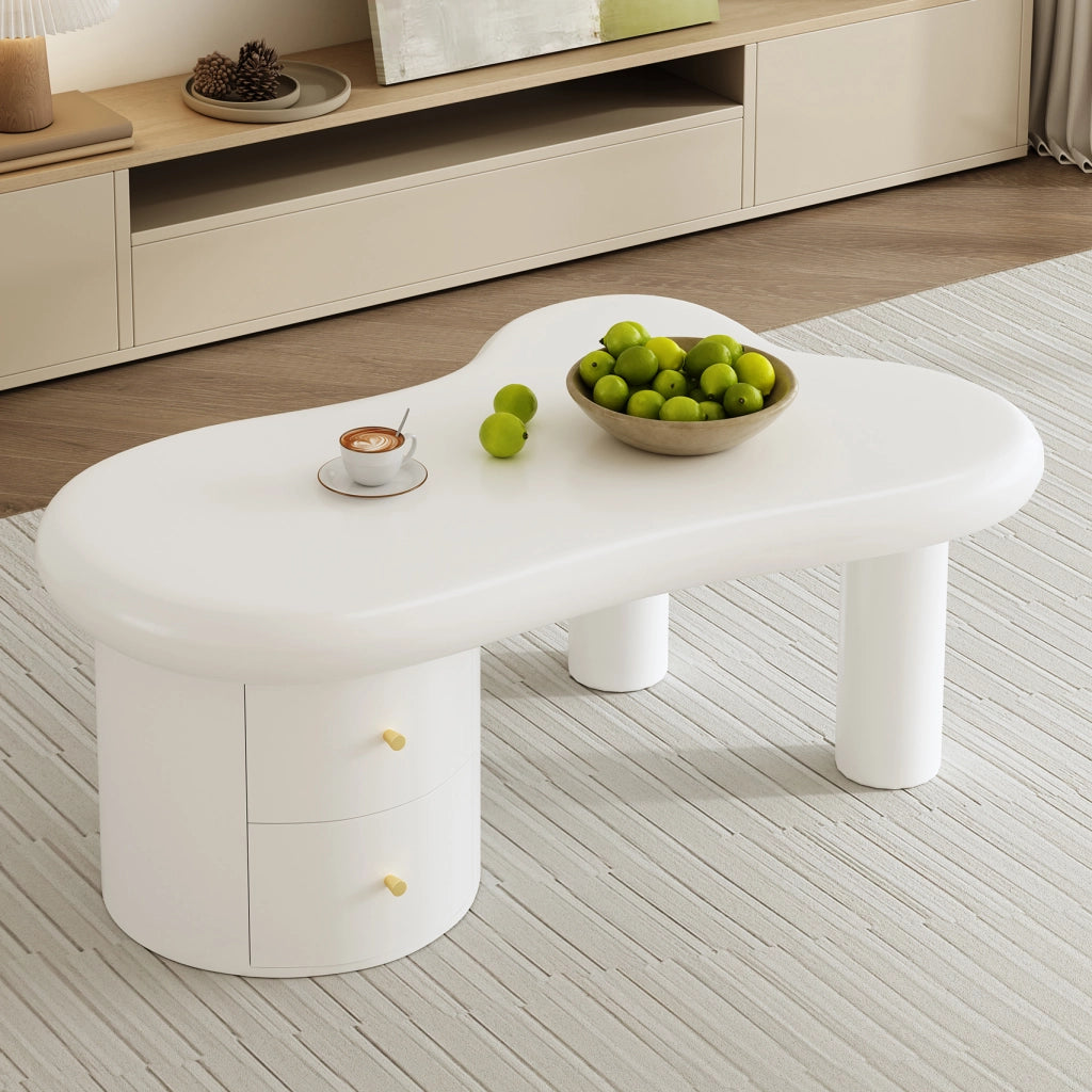 Tavolino da Caffè Forma Organica con 2 Cassetti; Struttura in MDF; Design Minimalista; Bianco; 97×64×42 cm