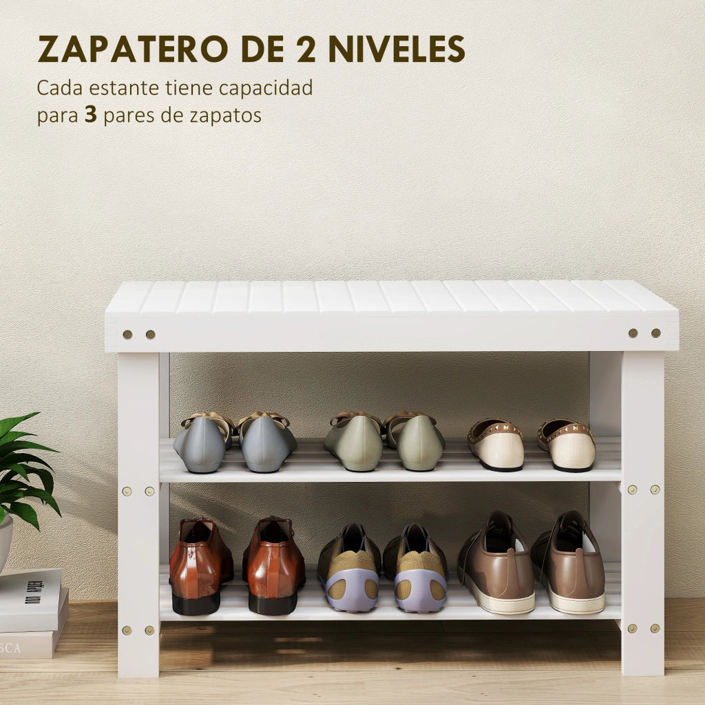 Cassettiera Scarpiera in Bambu con Seduta e Ripiani ¨C Zephmum ¨C Bianco 70x28x45 cm