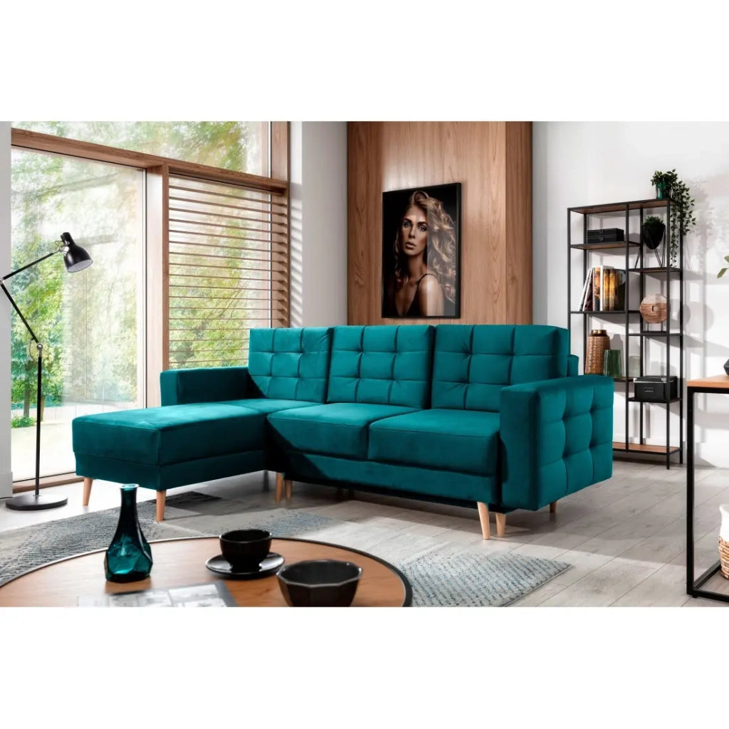 Divano angolare trasformabile HASGARD 3 posti verde scuro 248x162 cm - con baule e piedi in legno