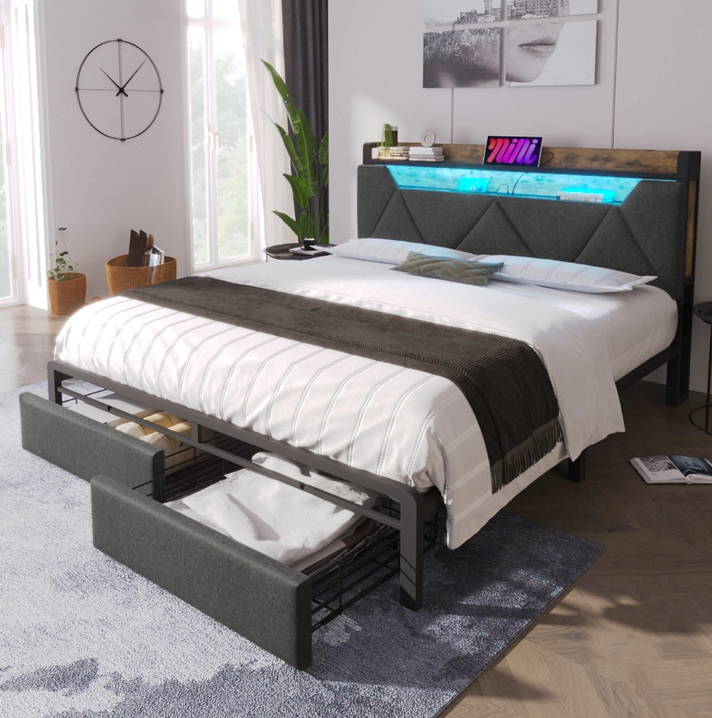 Letto 160x200 cm con testiera contenitore; USB C; LED e 2 cassetti; grigio