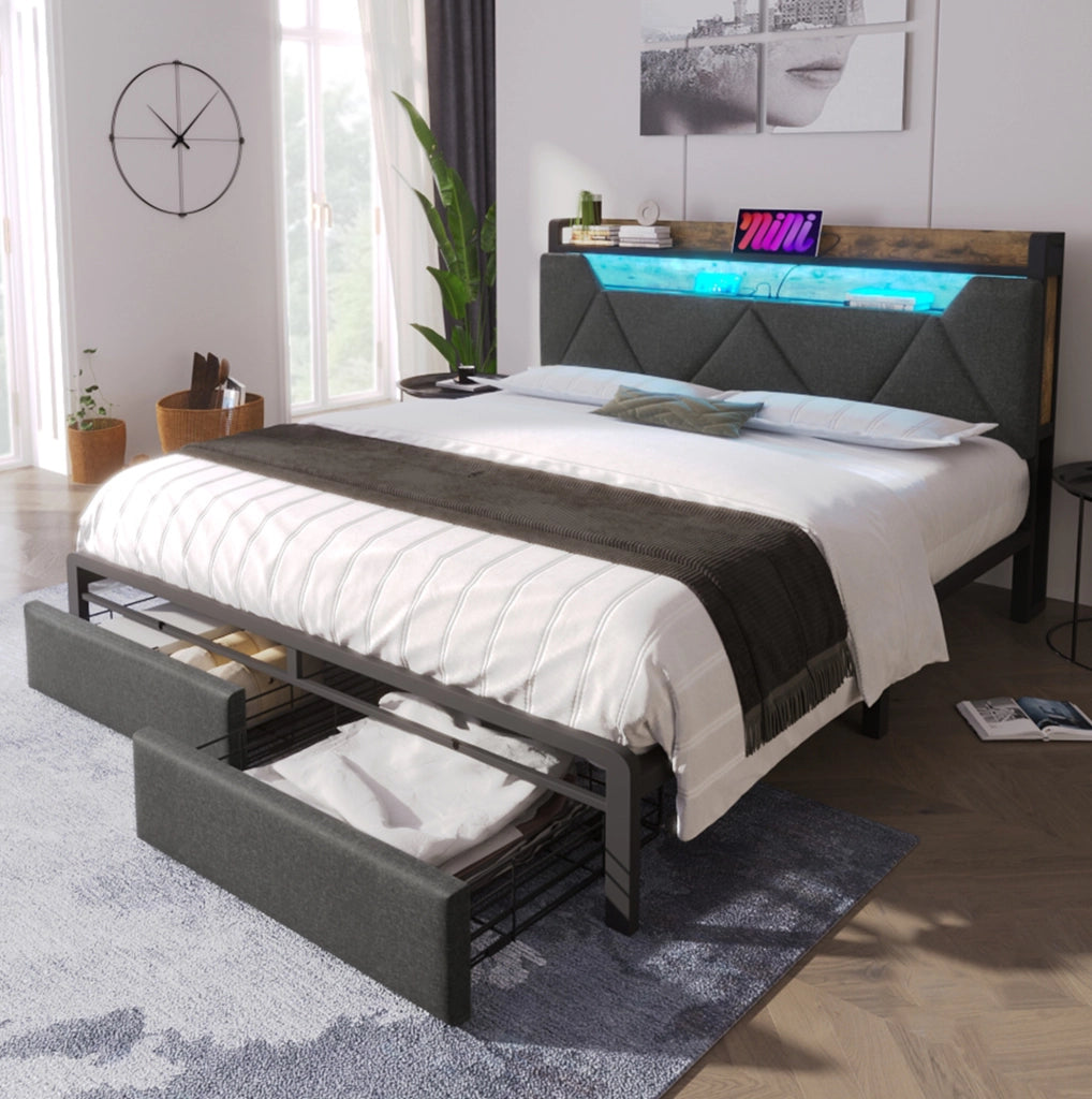Letto 160x200 cm con testiera contenitore; USB C; LED e 2 cassetti; grigio