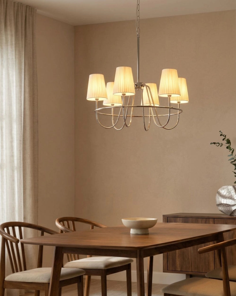 Lampadario a 6 luci in stile tradizionale per soggiorno e sala da pranzo con base in metallo e paralumi in tessuto argento