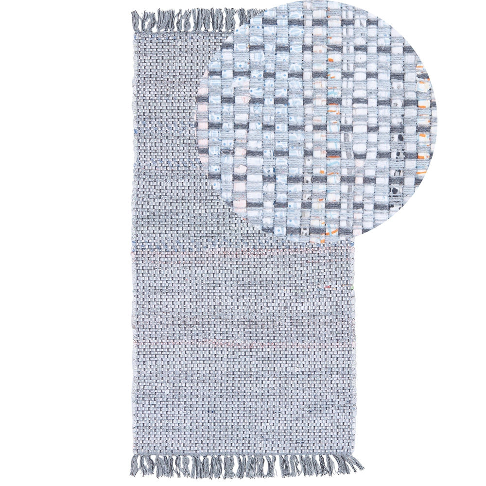 Tappeto di pezza in cotone grigio 80 x 150 cm con frangia rettangolare fatto a mano Boho