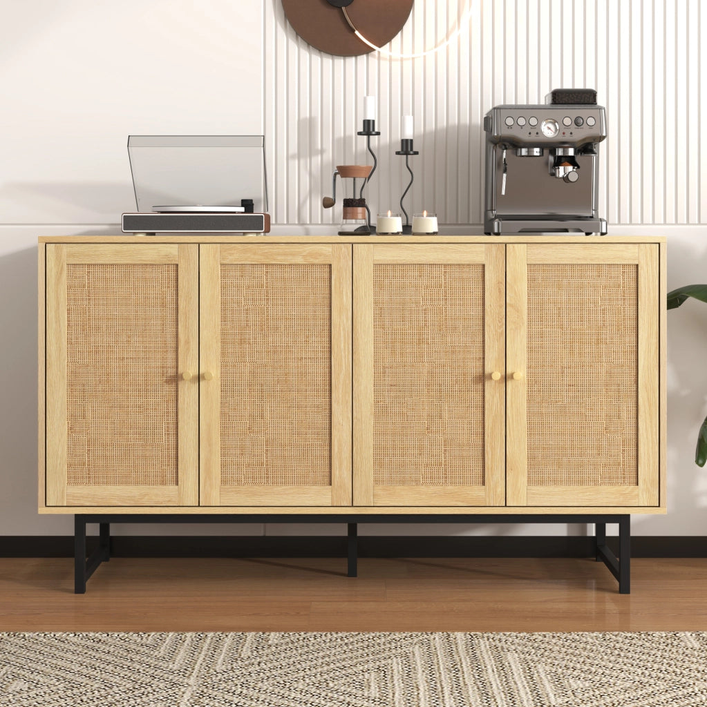 Credenza elegante 140 cm con 4 ante e intreccio in rattan