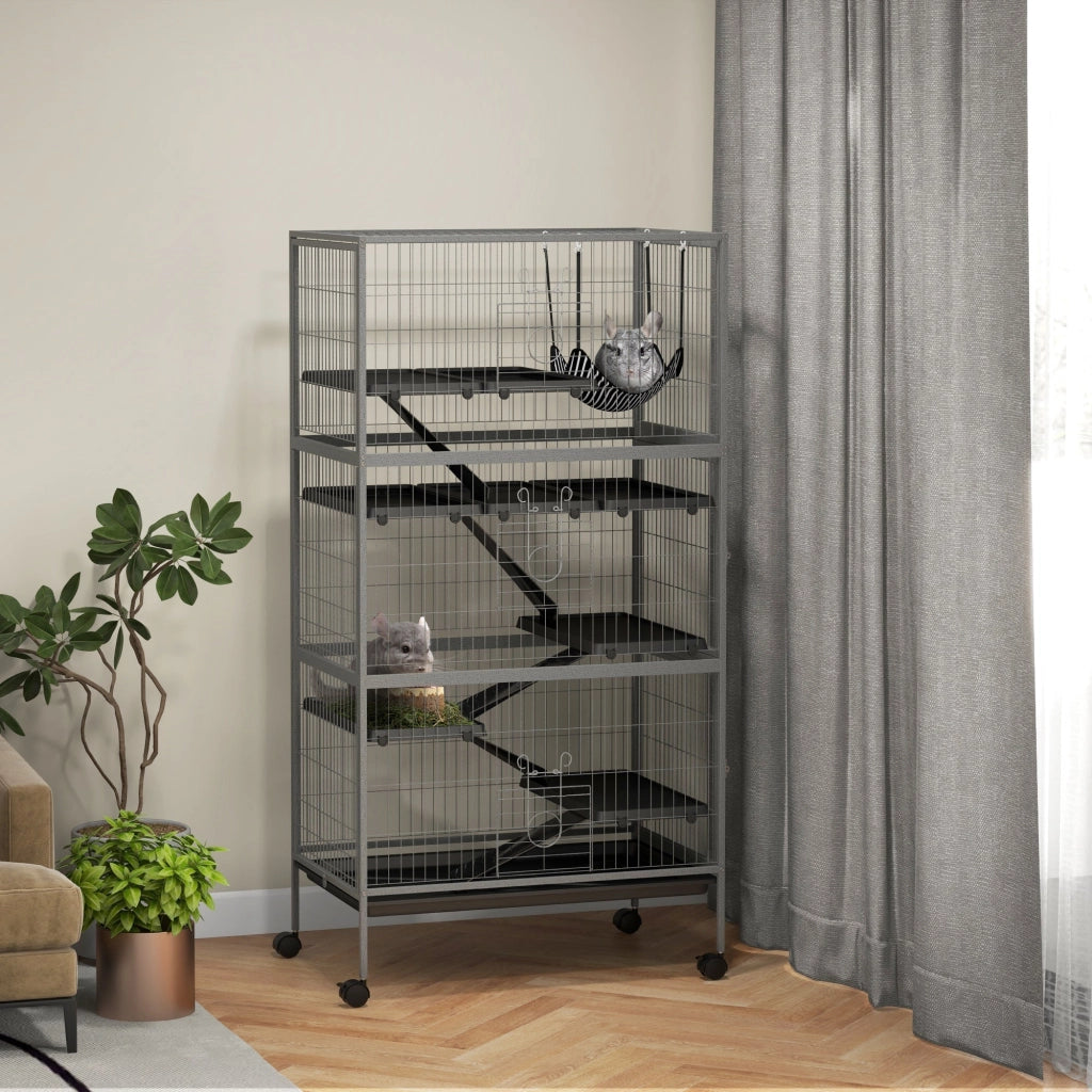 Gabbia per Conigli con 4 Ingressi a Livelli Multipli con Amaca 80x52x159 cm in Acciaio e PP Argento e Grigio