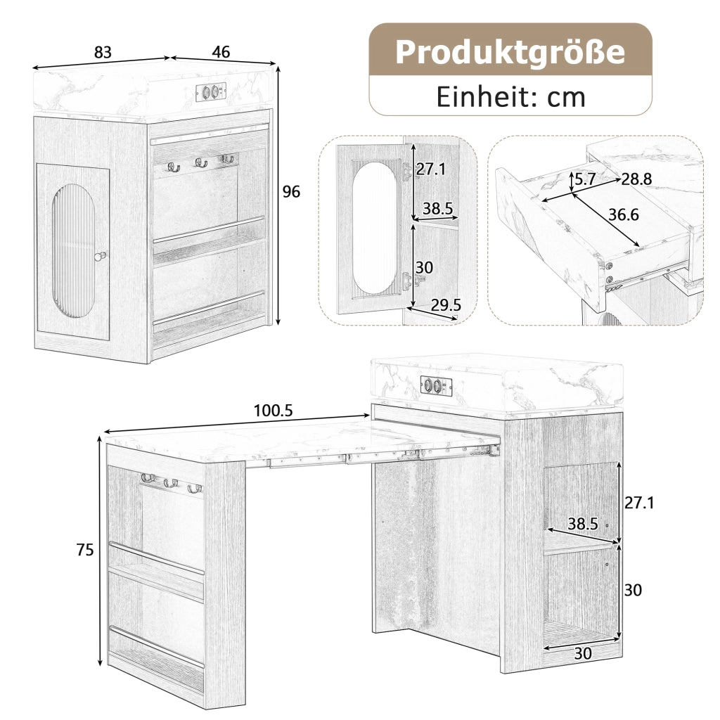Tavolo da pranzo - isola cucina su ruote - piano pieghevole - bar con prese e ganci - bianco