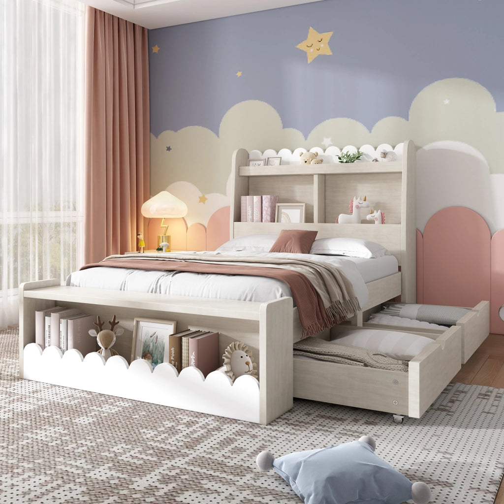 Letto singolo 90x200 cm in legno con 2 cassetti, ripiani e seduta contenitore, bianco e effetto rovere, con rete a doghe