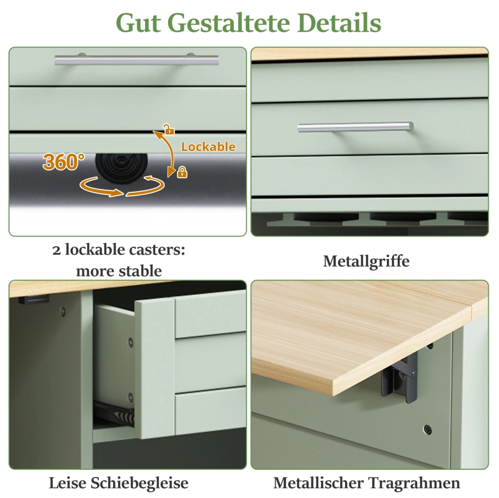 Carrello da cucina verde antico con piano pieghevole e portabottiglie