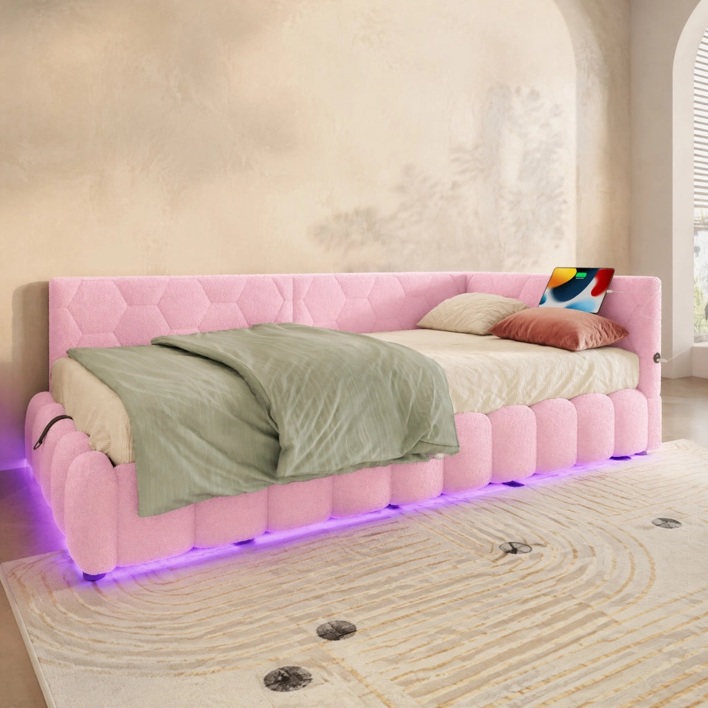 Letto daybed 90x200 cm rosa con LED, USB-C e contenitore