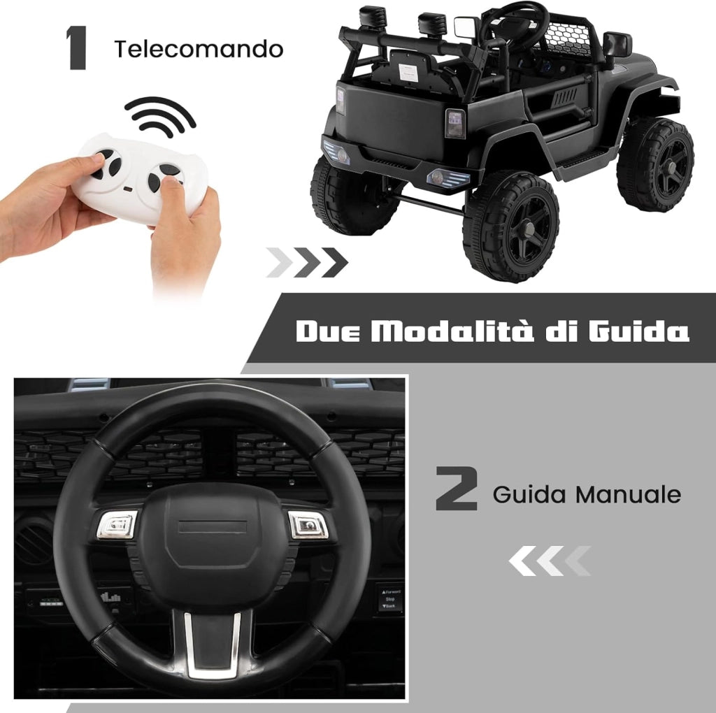 12V Auto per Bambini con Telecomando, Macchina Elettrica con Fari Luminosi, Musica, Porta USB e Aux, Velocità 2,5-4,5 km/h, Regalo per Bambini 3-7 Anni (Nero)