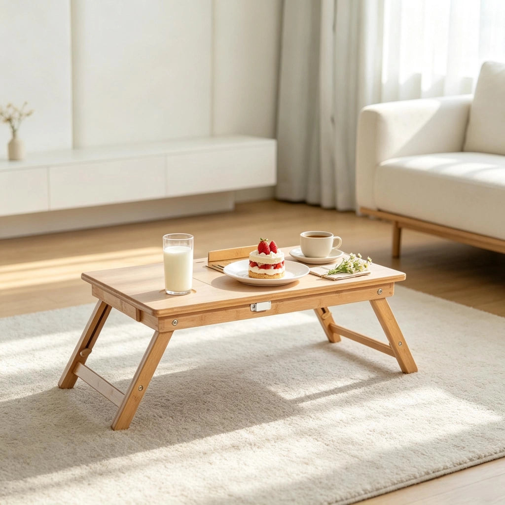 Tavolino pieghevole con cassetto e piano inclinabile per letto in bambù 55×35×22-32.5 cm