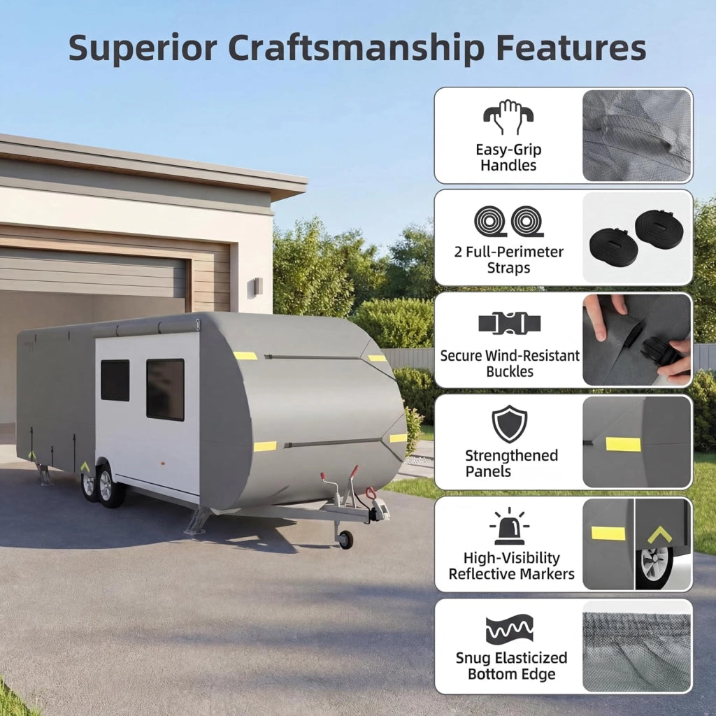 Copertura di Protezione per Camper, Telo Copri Caravan in Tessuto a 5 Strati, Cover Roulotte, Traspirante, Resistente a Vento, Acqua e Sole, con Borsa Trasporto (620 x 267 x 274cm)
