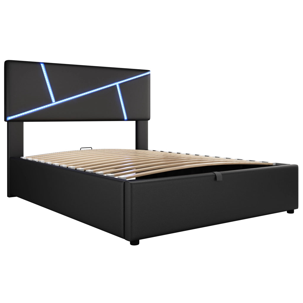 Comfort Double Bed 90x200cm con strisce LED; funzione idraulica e in finta pelle nera