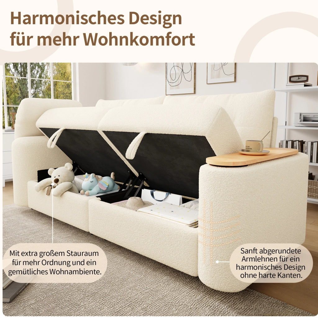 Divano modulare 2 posti in teddy beige con contenitore e tavolino