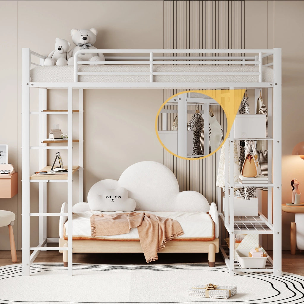 Letto a castello bianco con funzione scrivania e contenitori in metallo 90x200 cm