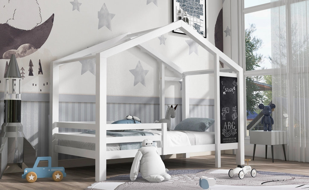 DESMIU Letto a casetta per bambini 90 × 200 cm singolo con lavagna, 2 cassetti e barriere, senza materasso