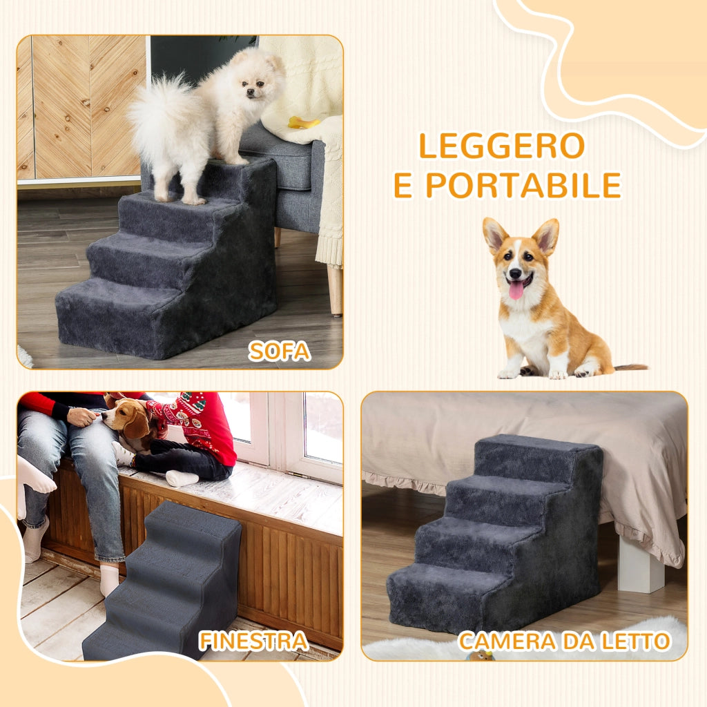 Scaletta per Cani Portatile a 4 Gradini, in Tessuto Vellutato Sfoderabile e Legno, 60x35x44 cm, Grigio Scuro