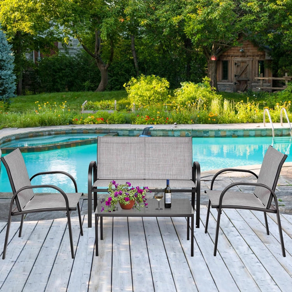 Set da Giardino con 4 Pezzi, Set da Giardino per Chiacchierare, Sedie da Giardino con Tavolino in Vetro, con Struttura Resistente in Ferro, Tessuto a Rete Traspirante (Grigio)