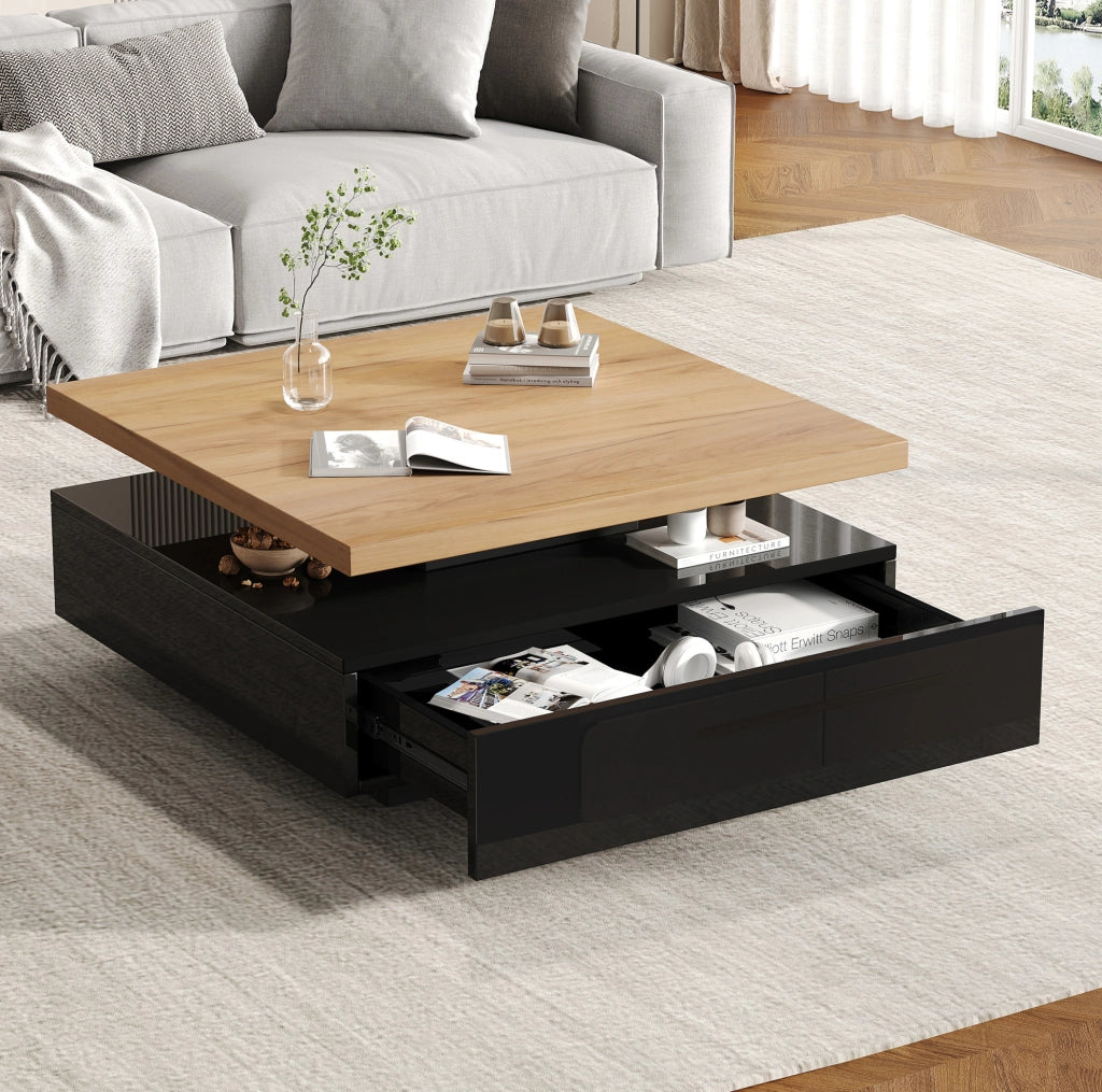 Tavolino da caffè quadrato 70x70x36 cm girevole 360° con vano portaoggetti in truciolare noce e nero lucido