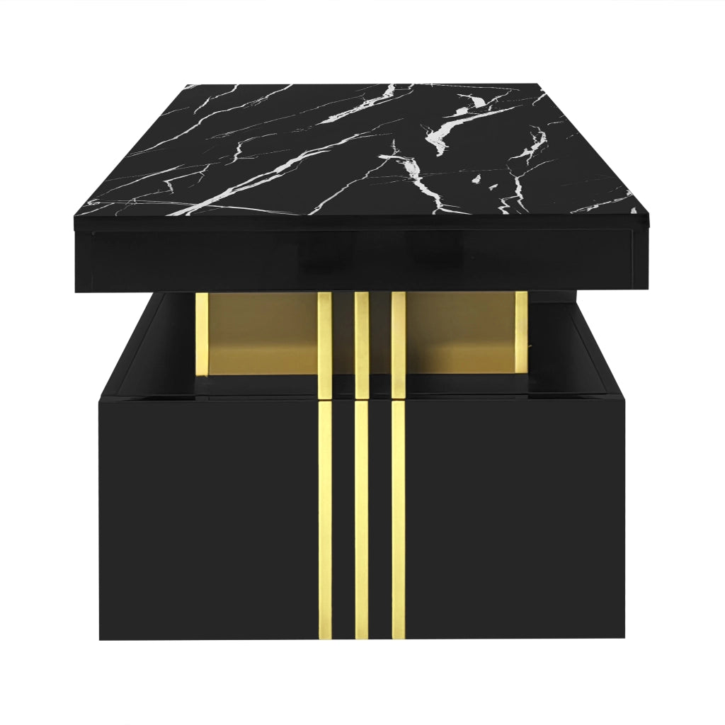 Tavolino da caffè 100x50x40 cm; 2 cassetti e piano effetto marmo; truciolato; nero