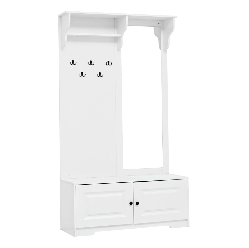 Mobile ingresso multifunzione 100 x 40 x 180 cm con specchio; 5 ganci; 2 vani; bianco