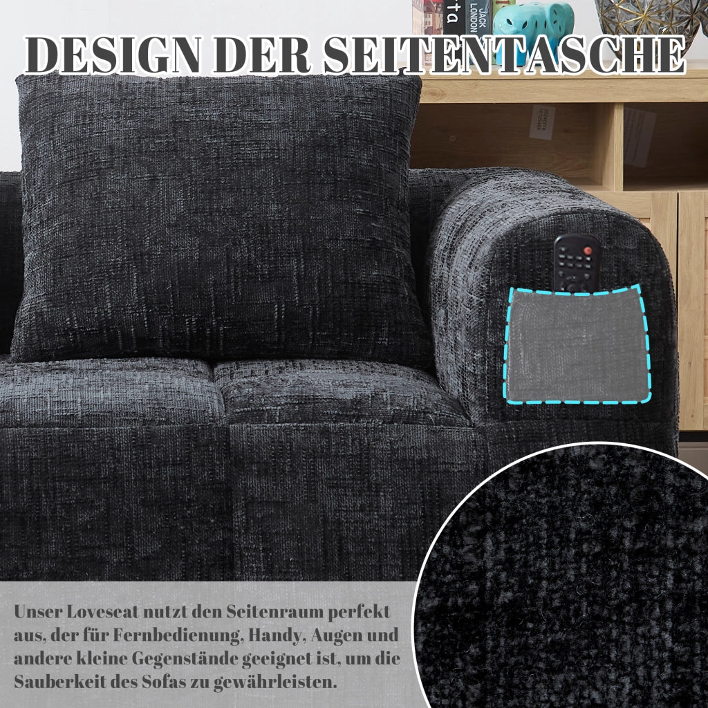 Divano 2 Posti con Tasche laterali e Cuscino, Seduta Ergonomica, in Ciniglia, Nero