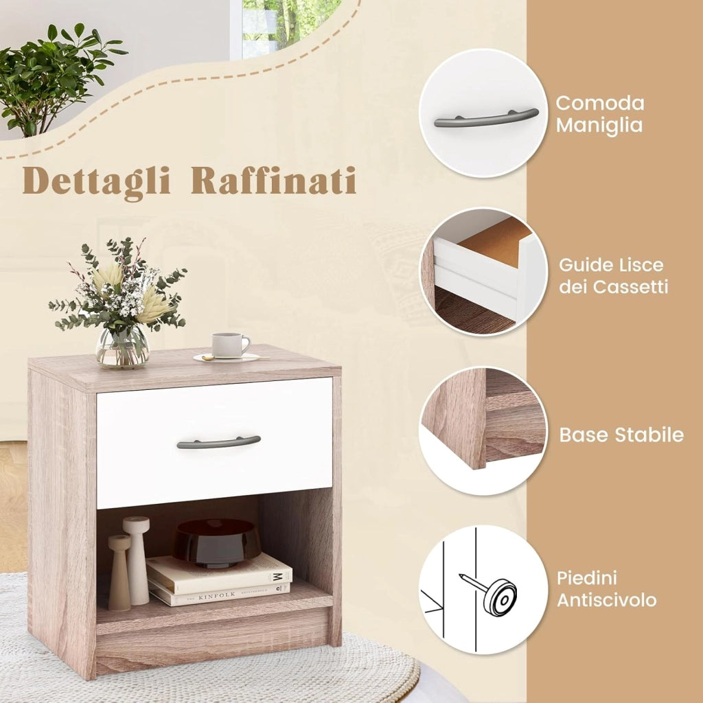 COSTWAY Comodino 38,5 x 28 x 40,5cm in Legno, Tavolino Salvaspazio con Scomparto Aperto e Casseto per Soggiorno e Camera da Letto (Naturale+Bianco)