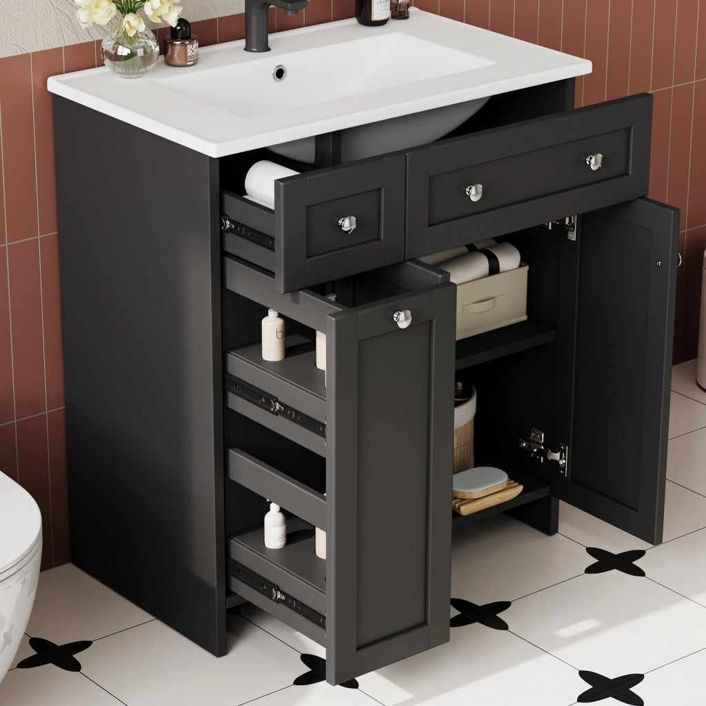 Mobile lavabo bagno freestanding nero 76x47x86 cm con lavello in ceramica e 3 cassetti