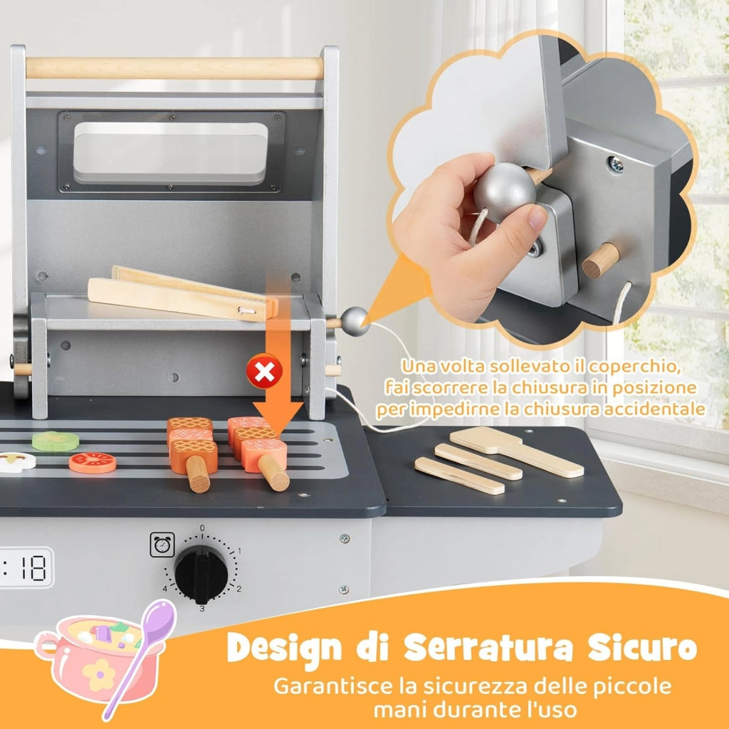 Set di Gioco per Barbecue in Legno per Bambini, Gioco di Griglia per Bambini con 2 Grill, Coperchi Ribaltabili, Ricchi Accessori e Cibi Giocattolo, per Bambini 3+ Anni