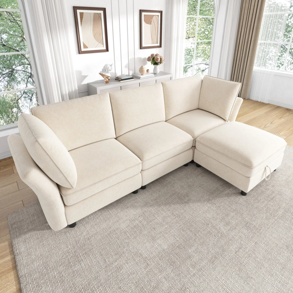 Divano angolare modulare 4 posti in ciniglia beige con pouf