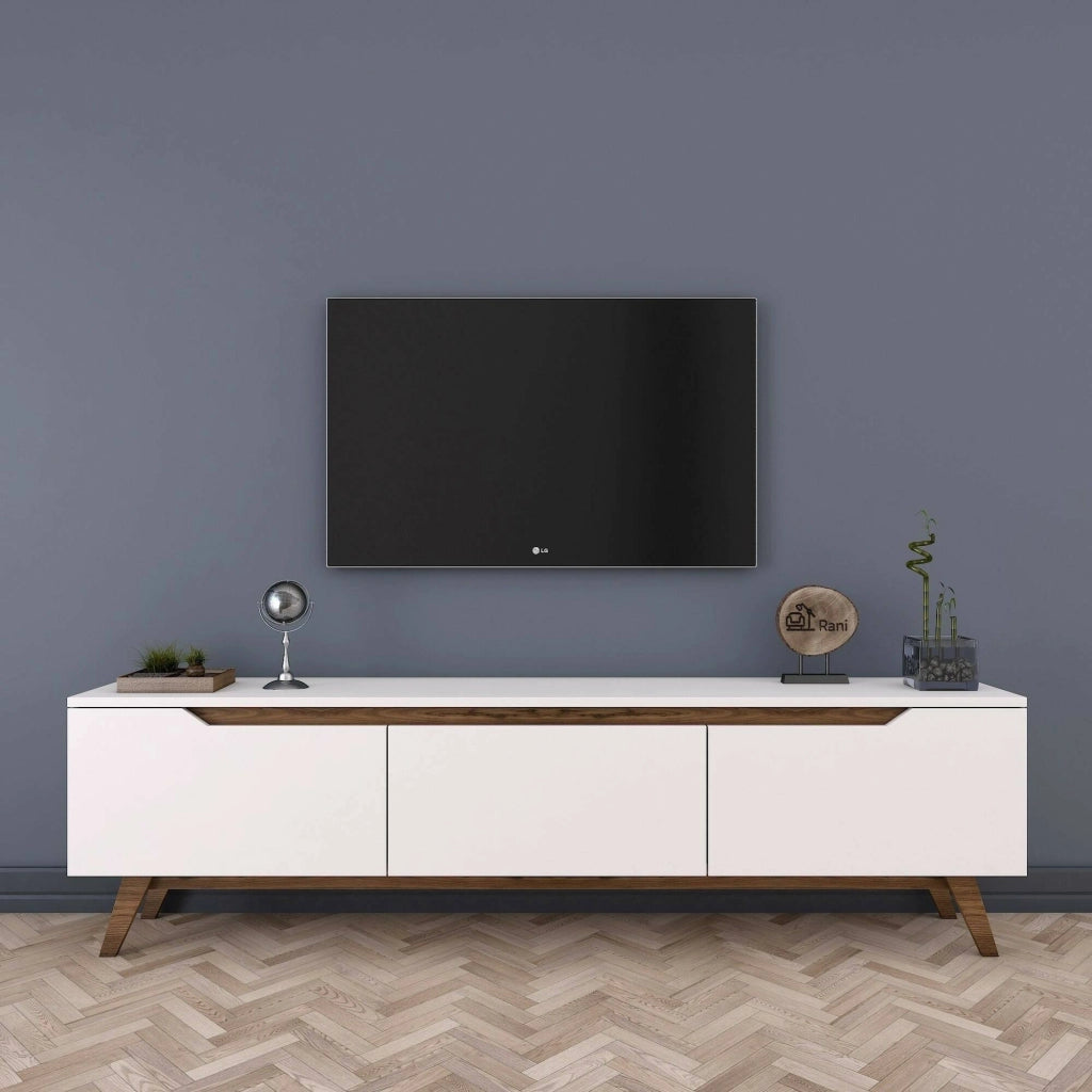 Mobile porta TV Apatite, Credenza da soggiorno, Armadio basso per TV, Base parete attrezzata, 180x35h49 cm, Bianco e Noce